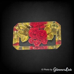 Vintage Clear Lucite Red Roses & Leaves Rectangular Faceted Brooch Pin